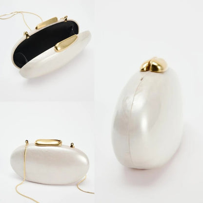 Women's Egg-Shaped Acrylic Clutch – Ivory Pearl Finish, Chain Strap | DONGSUO