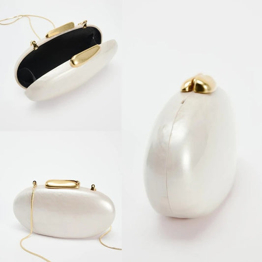 Women's Egg-Shaped Acrylic Clutch – Ivory Pearl Finish, Chain Strap | DONGSUO