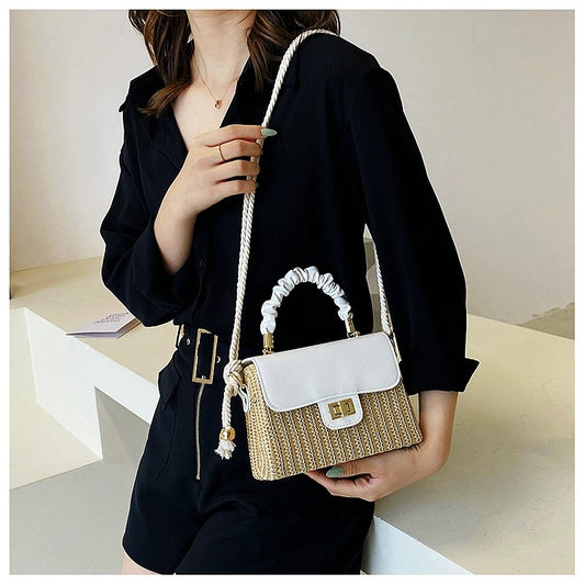 Women's Straw Beach Bag – Contrast Color, Pleated Handle, Flap Closure | Moods Boutique