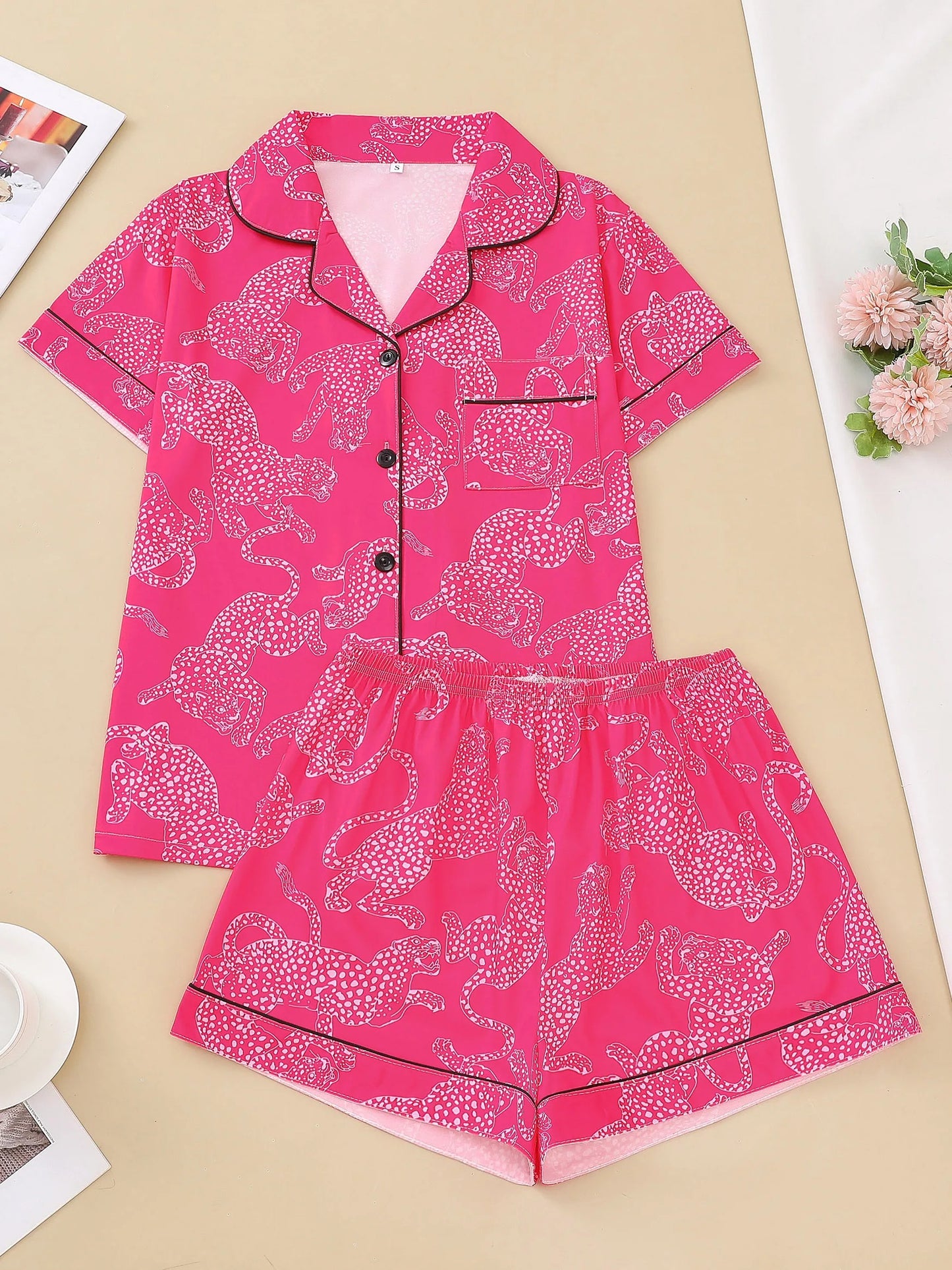 Pink Leopard Print Lounge Set for Women – Relaxed Fit Pajama Shirt & Shorts | Blanqor