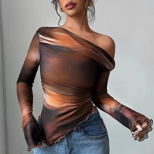 Women's Printed Off-Shoulder Long Sleeve Top – Slim Fit Crop Tee | Blanqor