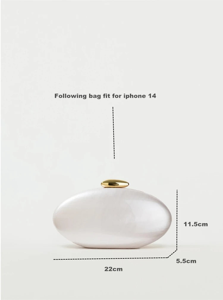 Women's Egg-Shaped Acrylic Clutch – Ivory Pearl Finish, Chain Strap | DONGSUO