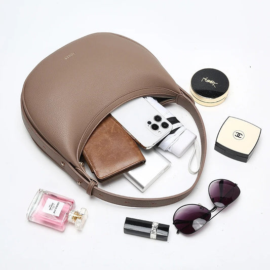 Women's Small Half-Moon Shoulder Bag – Soft PU Leather, Logo Detail | FOXER