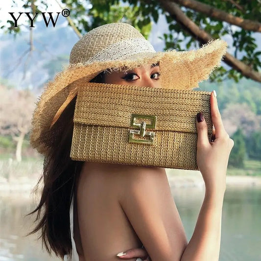 Women's Straw Envelope Clutch – Woven Texture, Chain Strap, Fold-Over Design | Blanqor