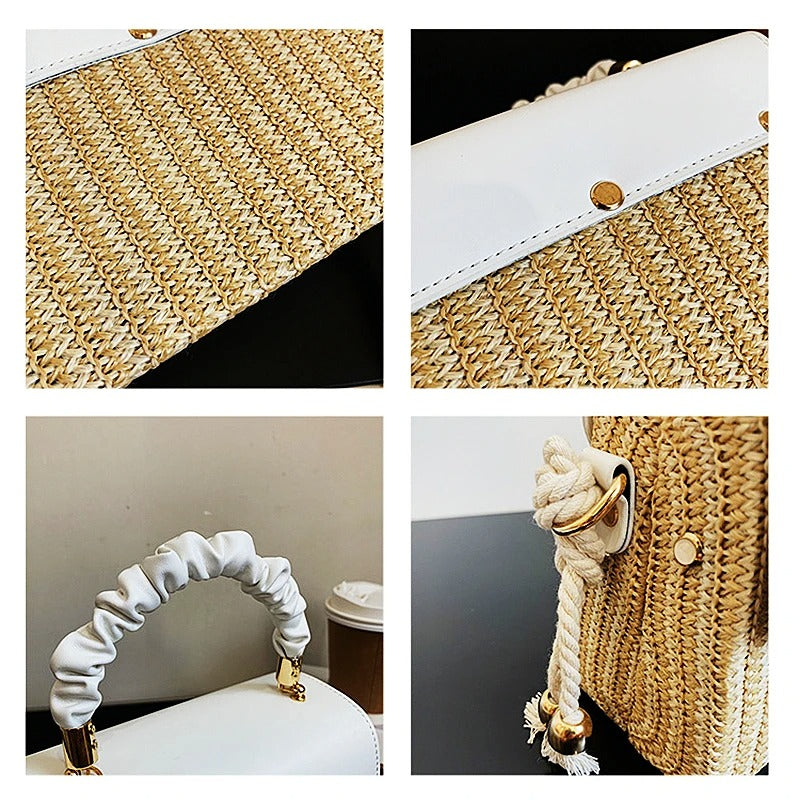 Women's Straw Beach Bag – Contrast Color, Pleated Handle, Flap Closure | Moods Boutique